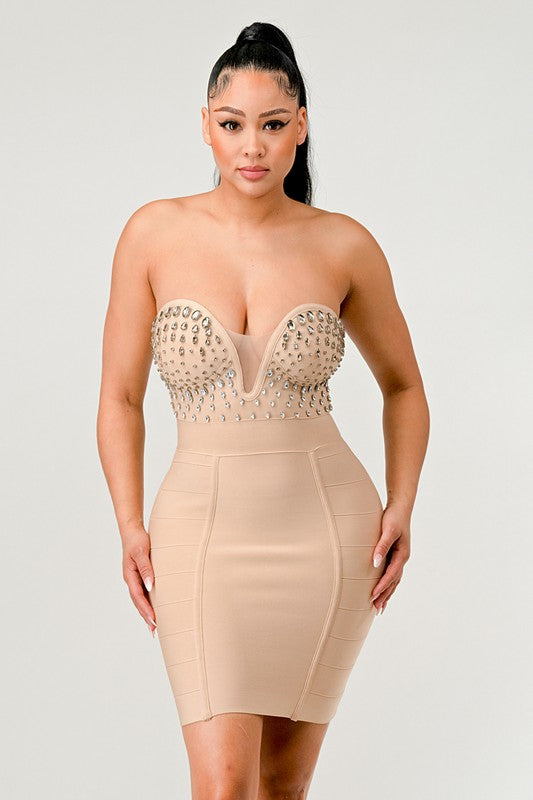 Bejeweled Contour Bandage Dress